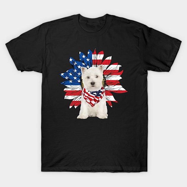 White Terrier American Flag Sunflower T-Shirt by sueannharley12